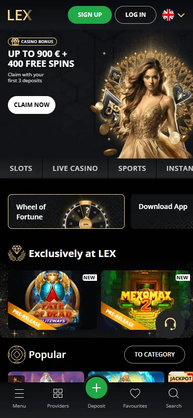 Lex Casino home interface on a mobile phone