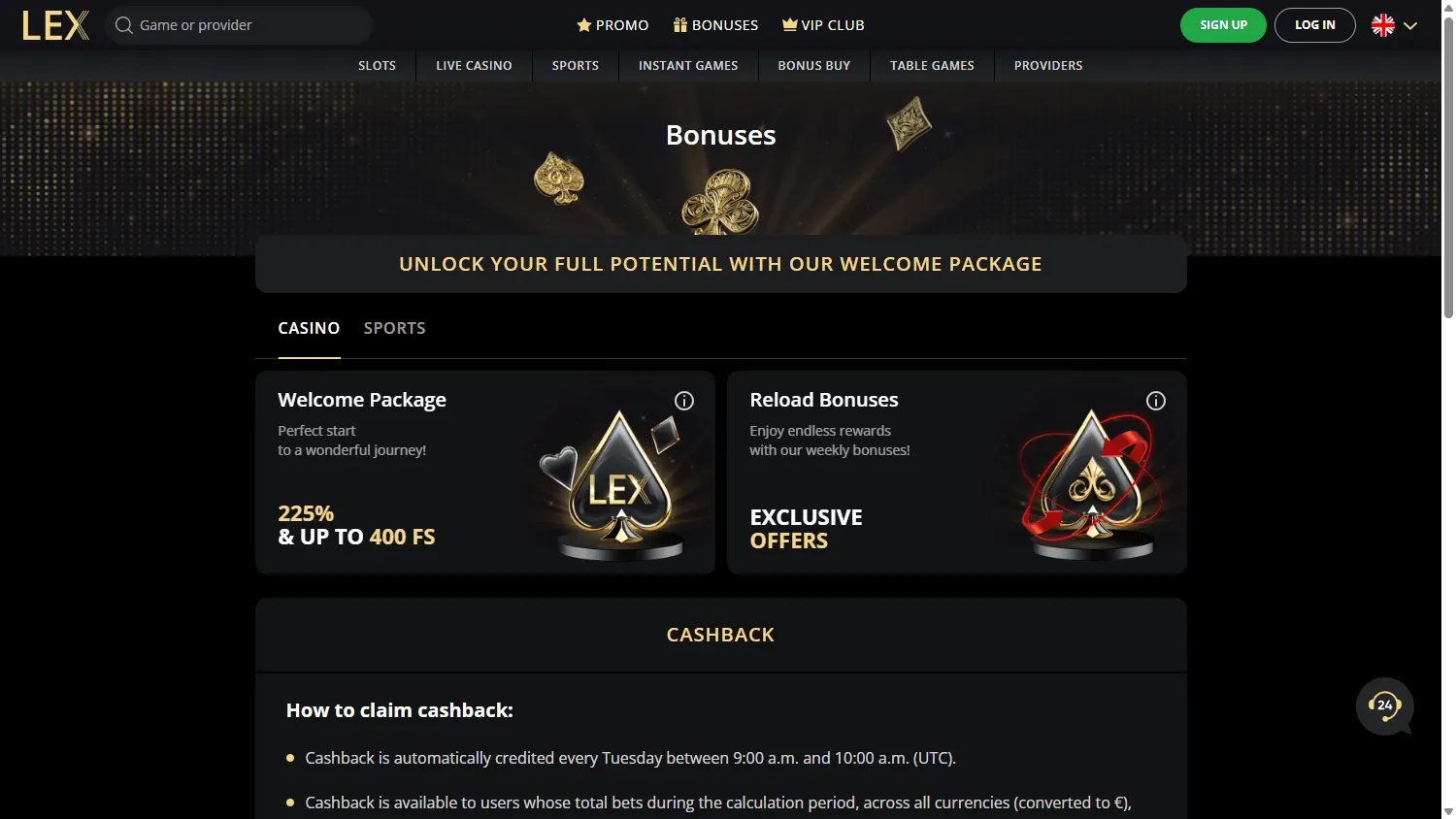 Lex Casino promotions interface on a desktop screen