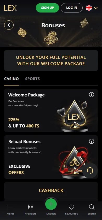 Lex Casino promotions interface on a mobile phone