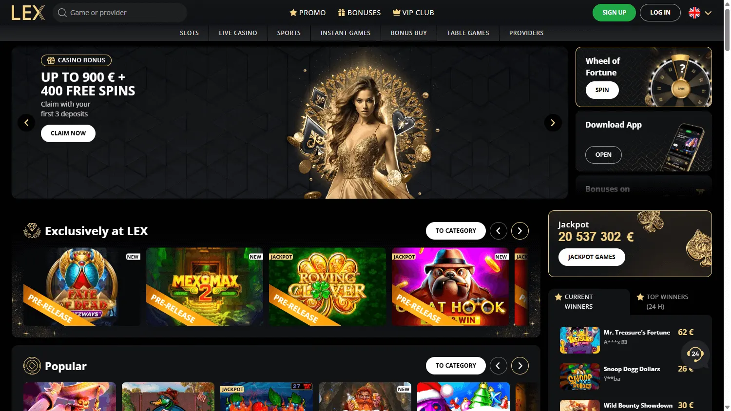 Lex Casino home interface on a desktop screen