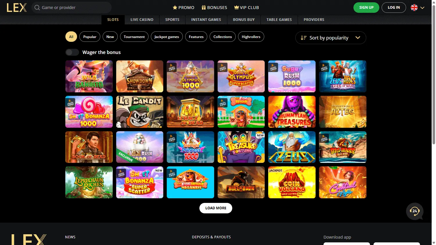 Lex Casino games interface on a desktop screen