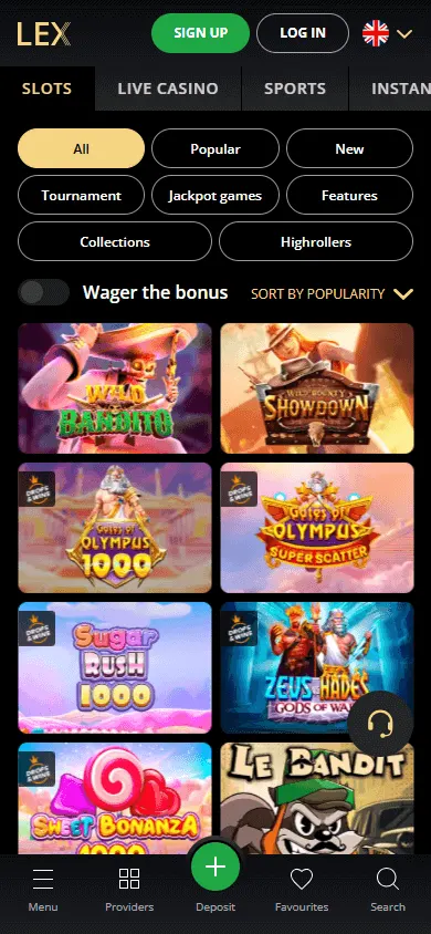 Lex Casino games interface on a mobile phone